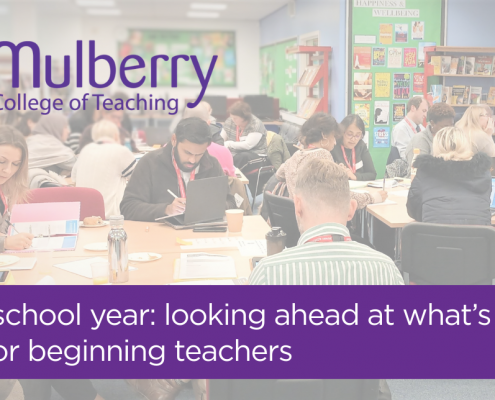 classroom of approx 20 adult learners working at desks with laptops and notebooks. with the mulberry logo to the left hand side with the test " a new school year: looking ahead at what's to come for beginning teachers" across the bottom on top of a purple background.